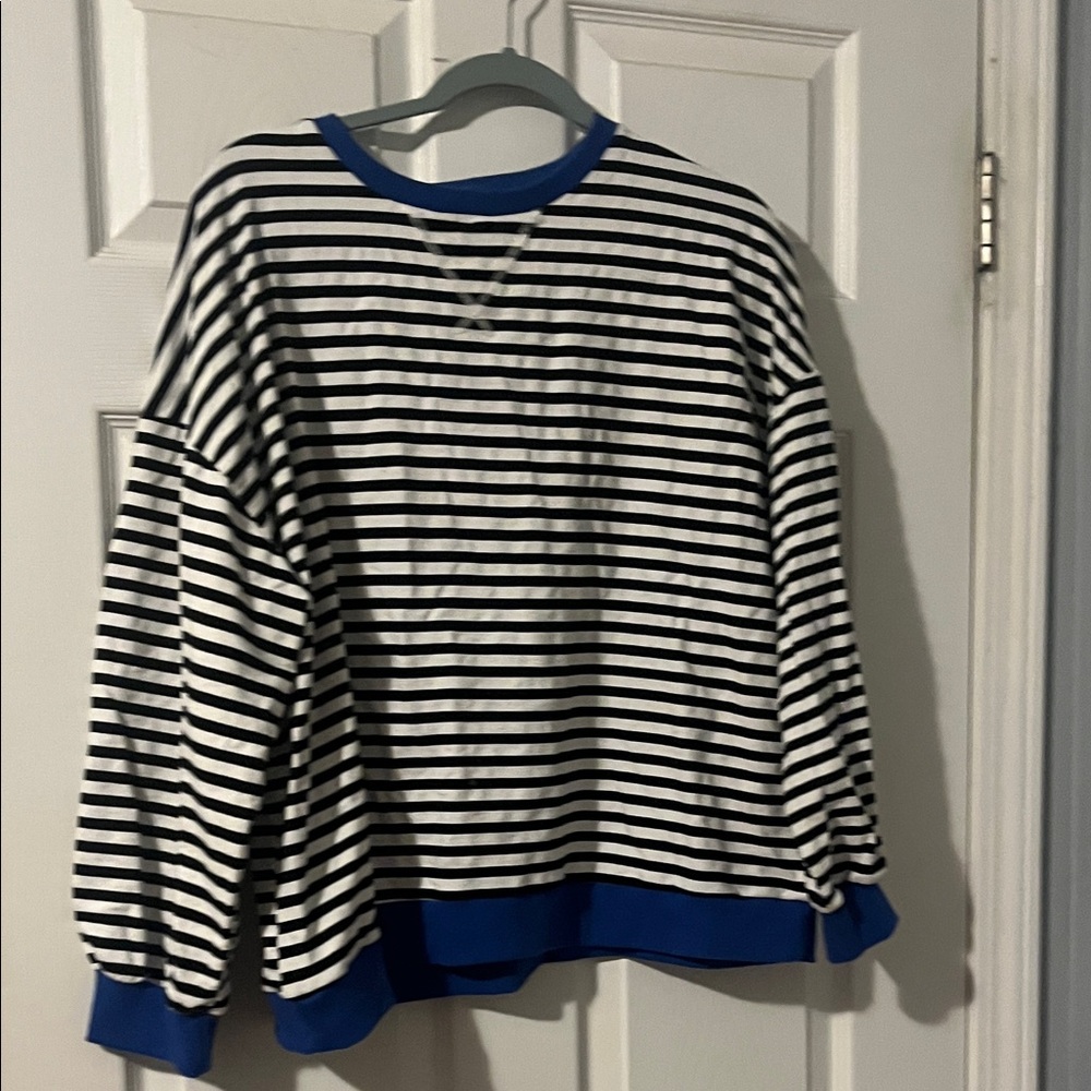 Boutique 9 Black & White Striped Short Sleeve Tee with Blue Trim